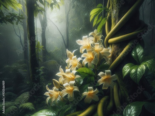 The Roussea simplex flowers, a climbing shrub native to Mauritius, flourishing in the lush, wet tropical biome