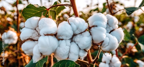 Closeup of white cotton bolls on a branch with green leaves. Cotton is a soft, fluffy staple fiber that grows in a boll, and is a natural and renewable resource.