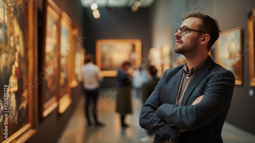 A refined male curator in his 40s, standing in a contemporary art gallery, thoughtfully observing the artworks on display, surrounded by visitors.