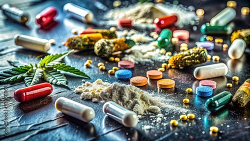 A shallow focus close-up of various illegal drugs, including pills, powders, and marijuana, scattered on a dirty surface, conveying the dangers of substance abuse.