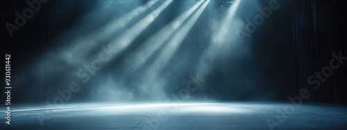 Dark empty stage with fog and dramatic backlighting