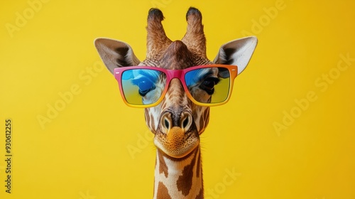 Cool, curious giraffe wearing a colorful sunglasses looks funny into the camera, isolated on yellow background.