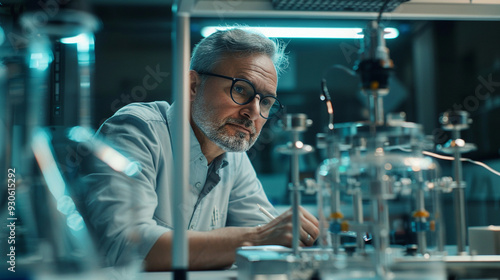 A middle-aged male inventor in a futuristic lab, showcasing a groundbreaking new technology, surrounded by prototypes and advanced equipment.