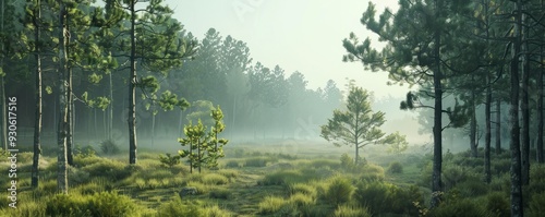 Misty morning in a pine forest, 4K hyperrealistic photo