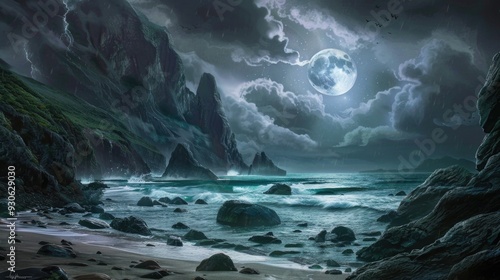 Mystical Moonlit Seascape with Soaring Birds and Rugged Cliffs