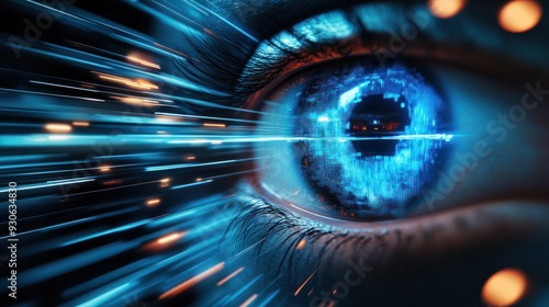 Blur is a concept that represents the future of technology in the field of cyber security with a background of blue eye and an abstract representation of high speed digital internet It show