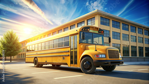 Yellow School Bus Parked in Front of a School Building at Sunrise - Back to School Transportation Concept