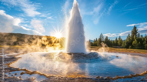 Powerful Geyser Eruption in Geothermal Area with Dramatic Steam and Water.