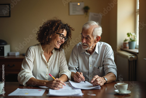 Social worker assisting elderly man with forms in office