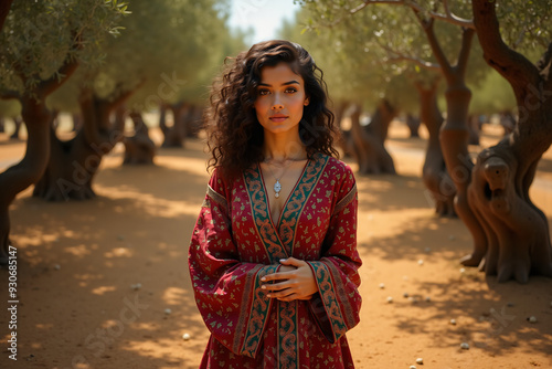 Young Palestinian woman in traditional thobe standing in olive grove