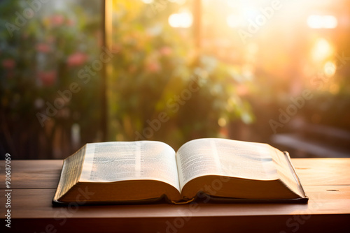 Bible open on a wooden table, pages ready for study.