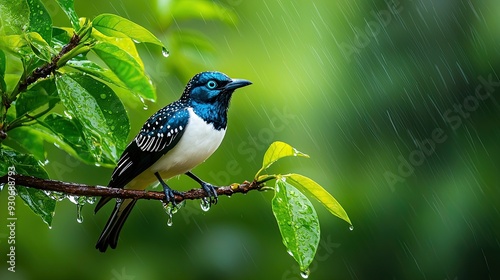 A vibrant blue bird perched on a branch, surrounded by lush green leaves and rain droplets creating a serene nature scene.