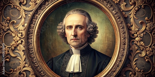 Historic 18th-century cleric's portrait with ornate frame, vintage tones, and intricate details, evoking a sense of traditional Christianity and old-world spirituality.