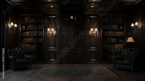 A dark room with a large bookcase and two black leather chairs. The room is dimly lit, giving it a mysterious and intimate atmosphere