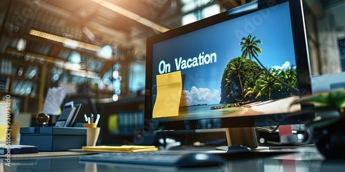 office with fluorescent sticky note, text "On Vacation" on computer monitor, beach scene on monitor