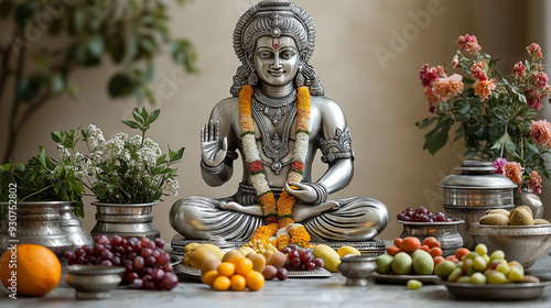 A beautifully decorated silver idol of Lord Dhanvantari (the god of medicine), with offerings of fruits and flowers placed in front, with copy space