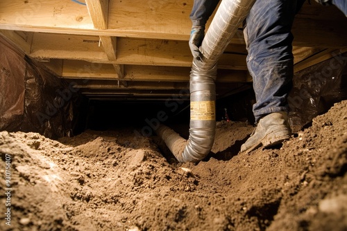 House Crawl Space: Pipe Installation in Dirt Area Under House, Attic Inspection and Construction Work