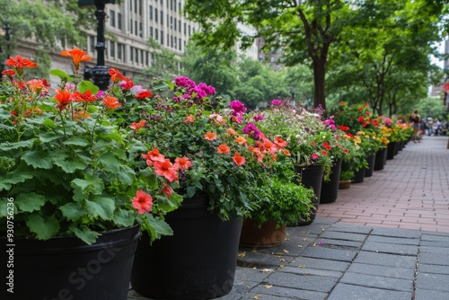 Large Planters in Lower Manhattan Park: Summer Flowers in Downtown New York City