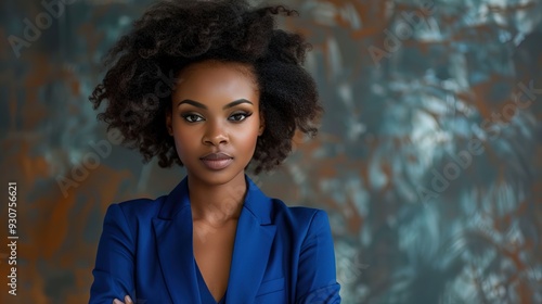 Portrait of a beautiful black business woman posing in a blue suit 