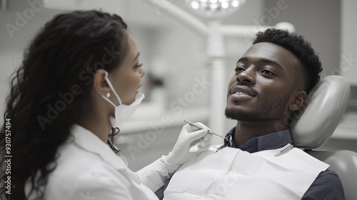 Atención a un paciente en el dentista, concepto de odontología y salud dental. Implantes, caries, extracciones.