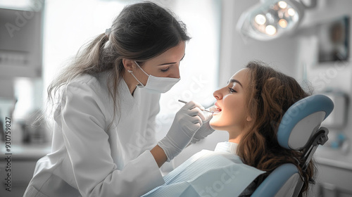 Atención a un paciente en el dentista, concepto de odontología y salud dental. Implantes, caries, extracciones.