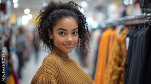 Adolecente afroamericana en una tienda de compras, decidiendo que vestido comprar. Concepto de comercio a público femenino.