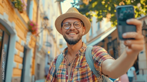 A person wearing a hat and glasses takes a photo of themselves with their phone