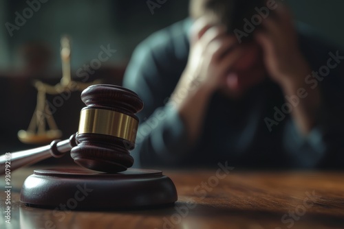 In a tense courtroom, a distraught defendant grapples with guilt and the burden of criminal responsibility, as the gavel strikes, symbolizing the weight of the law and the judicial complexities