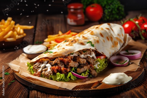 Doner kebab - grilled meat and vegetables in pita bread. Beautiful simple AI generated image