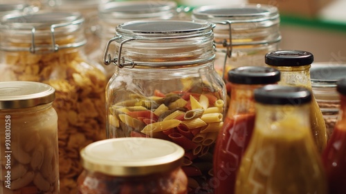 Close up on bulk products in reusable glass jars used by zero waste supermarket to lower climate impact. Local shop pantry staples in decomposable packaging, panning shot