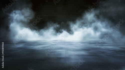 Misty smoke clouds on a dark stage floor with white fog