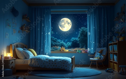 A cozy bedroom at night with a bright moon and starry sky visible through the window.