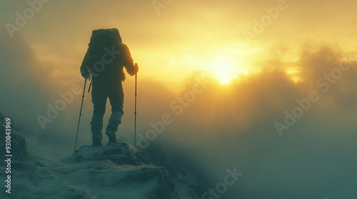 lone man hikes up a snowy mountain trail, facing away, highlighting solitude and perseverance in a winter landscape