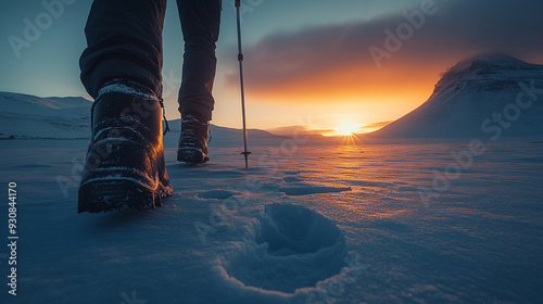 lone man hikes up a snowy mountain trail, facing away, highlighting solitude and perseverance in a winter landscape