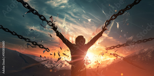 A person breaking chains at sunset, symbolizing freedom and liberation from burdens