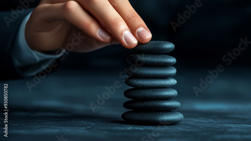 businessman's hand carefully arranges zen stones into a pyramid on a desk, symbolizing balance, focus, and the pursuit of harmony in a professional setting