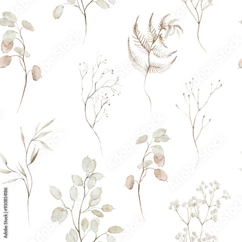 Seamless watercolor floral pattern - autumn fall dried dull flower elements, leaves branches on white background. Wrappers, wallpapers, postcards, greeting cards, wedding invites. Yellow white silver.