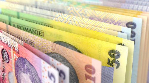 Close-up view of Romanian leu currency banknotes in different denominations