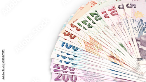 Fan arrangement of Turkish lira banknotes in various denominations