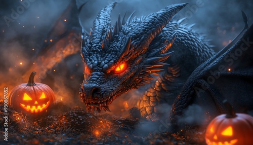 A fierce dragon with glowing eyes emerges from the mist, surrounded by carved Halloween pumpkins, creating a spooky atmosphere.