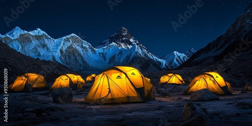 High altitude adventure: illuminated tents at Everest base camp