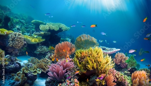 underwater shot of vivid coral reef with beautiful fauna and flora