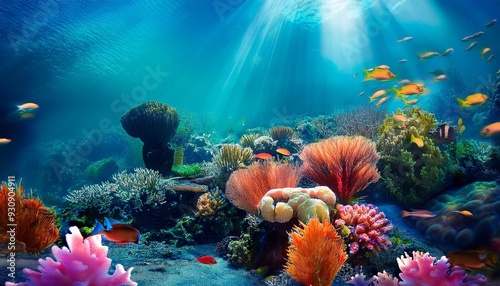 underwater shot of vivid coral reef with beautiful fauna and flora