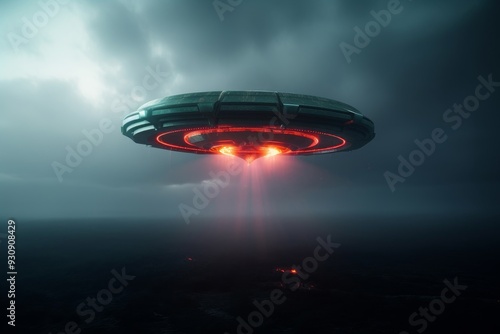 Mysterious UFO Hovering Over Dark Landscape