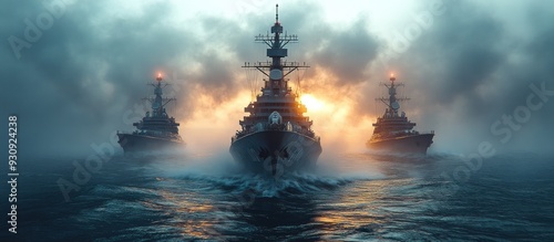 Three warships sailing through fog at sunset