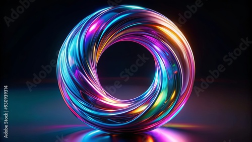 Iridescent glass twisted torus reflecting neon light in the dark, render, iridescent, glass, twisted, torus