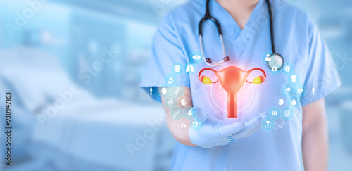 Gynecologist doctor examines uterus isolated on light blue background. Female reproductive health concept and periodic pap smear.