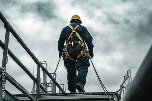 Construction safety inspector wearing fall safety harness walking on the roof by clipping safety rope on fall arrest, fall restraint horizontal safety line while inspecting fixed roof anchor points