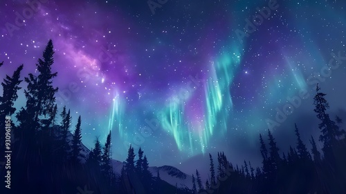 Beautiful aurora borealis with starry night sky