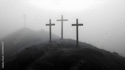 Three crosses on a misty hill